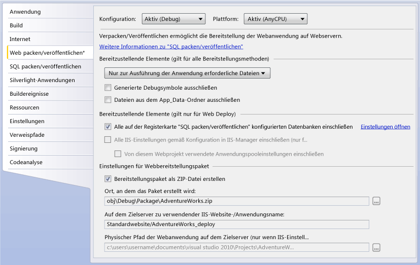 Registerkarte "Web packen/veröffentlichen"