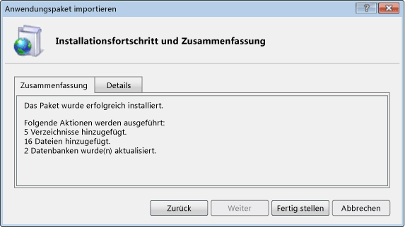 Dialogfeld "Installationsstatus und Zusammenfassung"