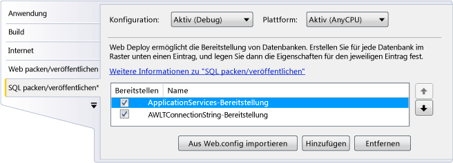 Datenbankraster "Verpacken/Veröffentlichen - SQL"