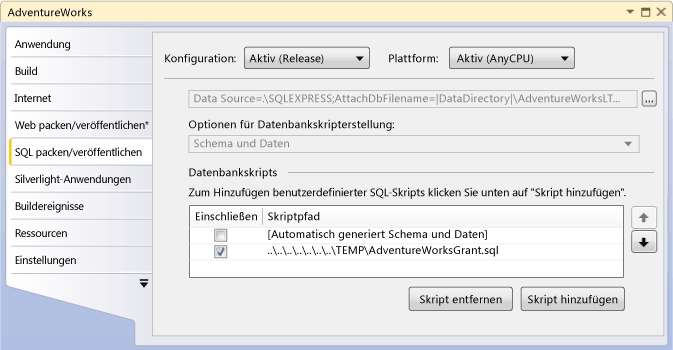 Raster "Datenbankskripts" in "Verpacken/Veröffentlichen - SQL"