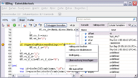 Die Ablaufsteuerungsschaltflächen des Debuggers