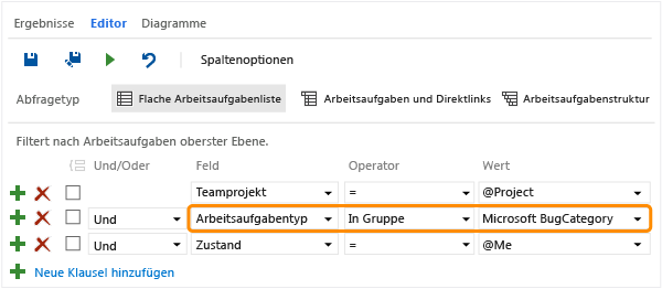 Abfrageklausel zum Suchen nach Arbeitsaufgaben nach Kategorie