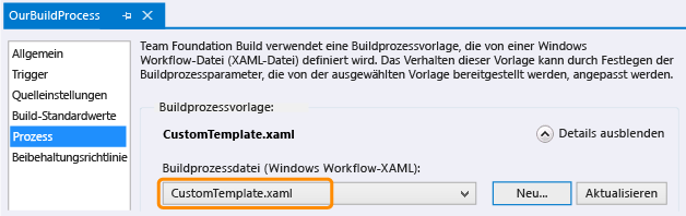 CustomTemplate in Builddefinition ausgewählt