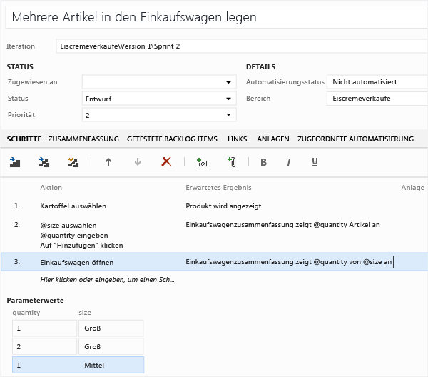 Parameter in Aktionen und Ergebnissen erstellen