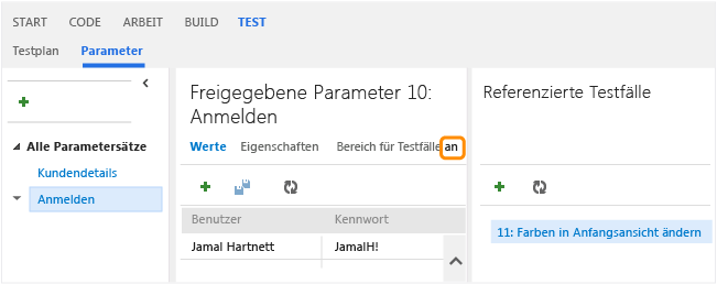 Wählen Sie Parameter aus dem Testhub