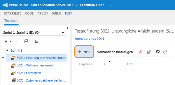 Testauflistung auswählen und einen Testfall hinzufügen