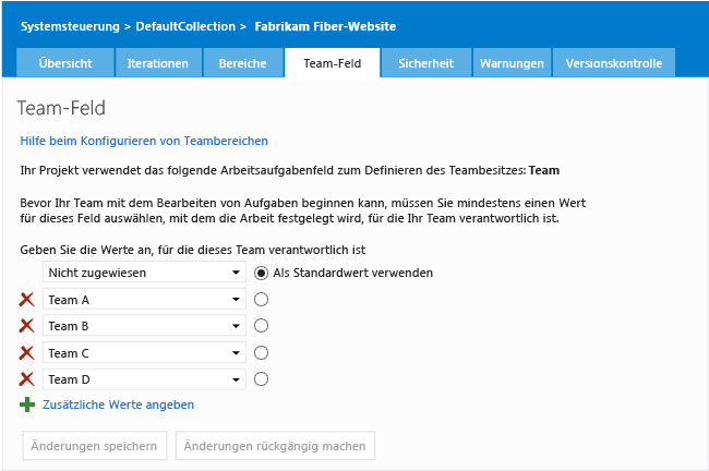 Teamfeldseite für Teamprojekt-Verwaltungskontext