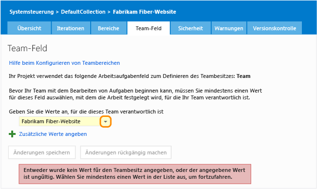 Nicht konfiguriertes Team-Feld für ein Teamprojekt