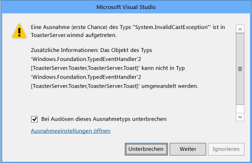 Debuggerfehlerfenster mit Hinweis zu fehlendem Proxy