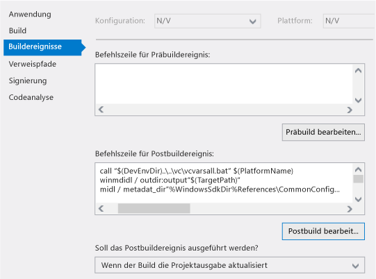 Postbuildschritte auf der Visual Studio-Eigenschaftenseite