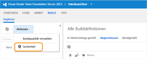 Link "Sicherheit" im Menü "Vorgänge" auf der Buildseite