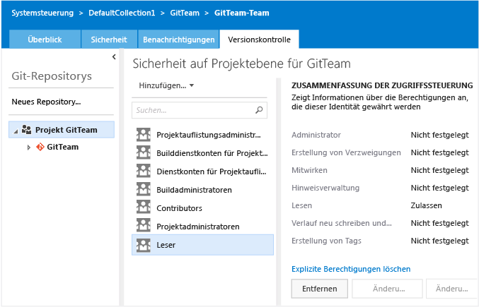 Berechtigungsseite für Git-Projekt in Verwaltungskontext