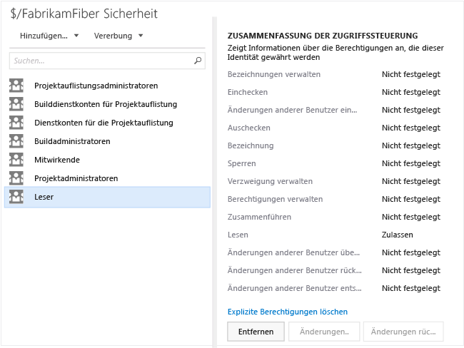 Berechtigungsseite für TF-Versionskontrolle