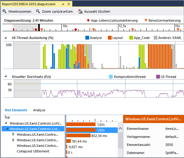 Berichtsseite zur Reaktionsfähigkeit der XAML-UI