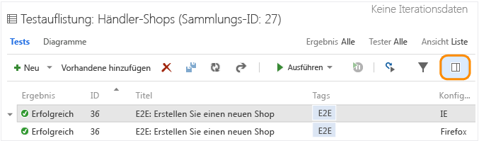 Registerkarte "Tests"; Auswahl der Anzeige des Bereichs für die Testdetails