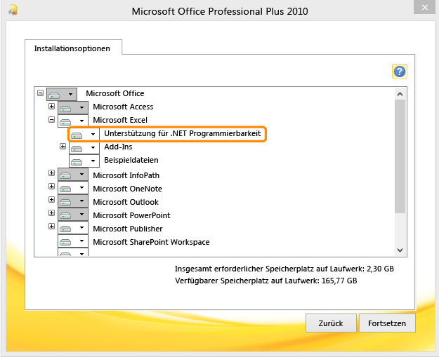.NET-Programmierunterstützungsoption installieren