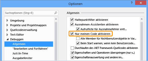 Option zum Aktivieren nur des eigenen Codes im Dialogfeld "Optionen"