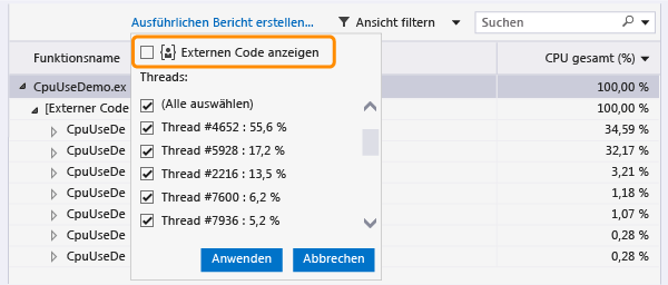 Filteransicht auswählen, dann "Externen Code anzeigen"