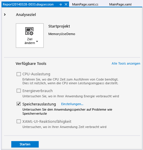Diagnosesitzung zur Speicherauslastung starten