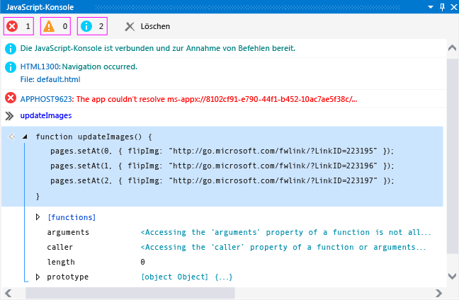 JavaScript-Konsolenfenster, in dem eine Schnellansicht angezeigt wird