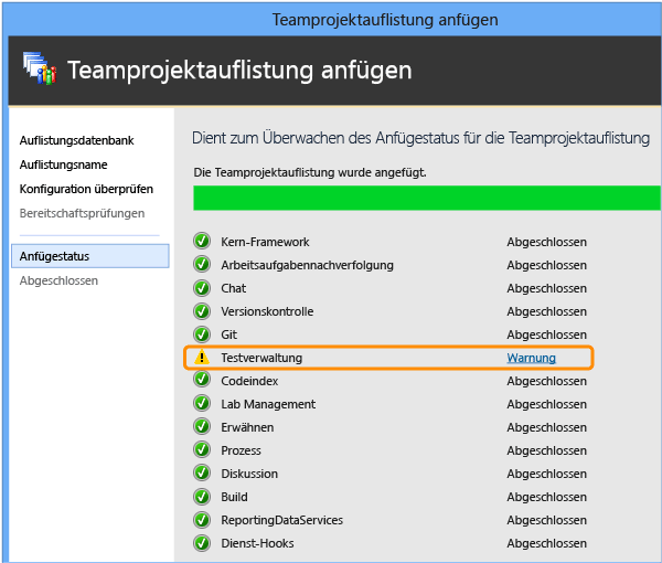 TFS-Aktualisierungs-Assistent zeigt Testverwaltungsfehler