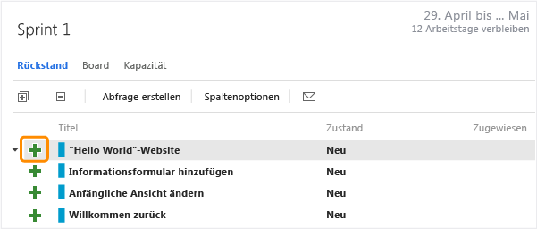 Einem Element im Sprint-Backlog eine Aufgabe hinzufügen