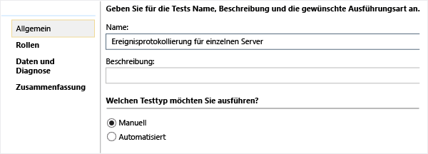 Legen Sie den Namen für die neuen Testeinstellungen fest.