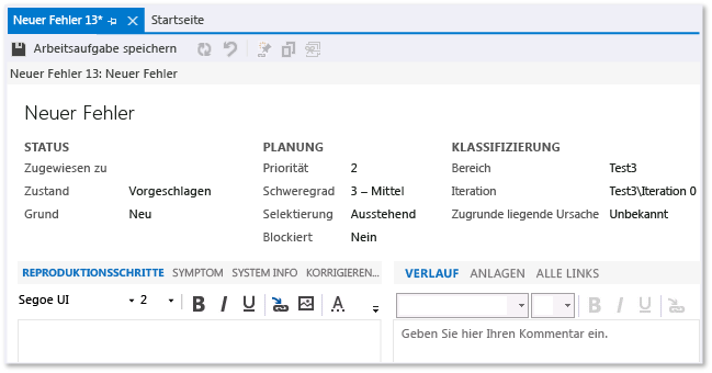 Fehler für CMMI-Teamprojekt (Arbeitsaufgabenformular)