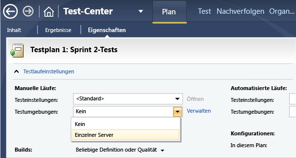 Wählen Sie in den Testplaneigenschaften eine Lab-Umgebung aus.