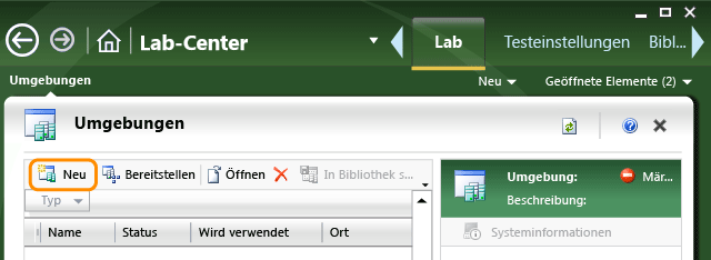 Wählen Sie "Neu" aus, um eine Lab-Umgebung zu erstellen.