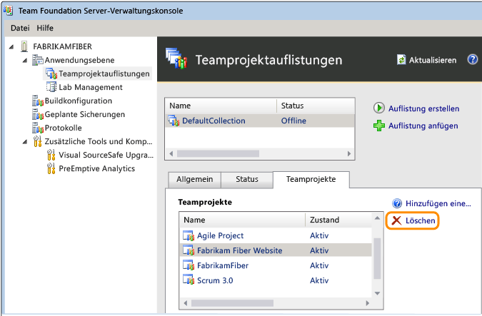 Link "Löschen" für Teamprojekt in TFS-Verwaltungskonsole