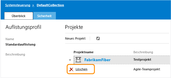 Link "Löschen" im Kontextmenü für Teamprojekt