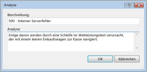 Analysedialogfeld zum Hinzufügen von Auslastungstesthinweisen