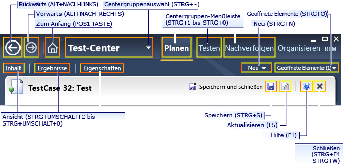 Tastenkombinationen für Microsoft Test Manager