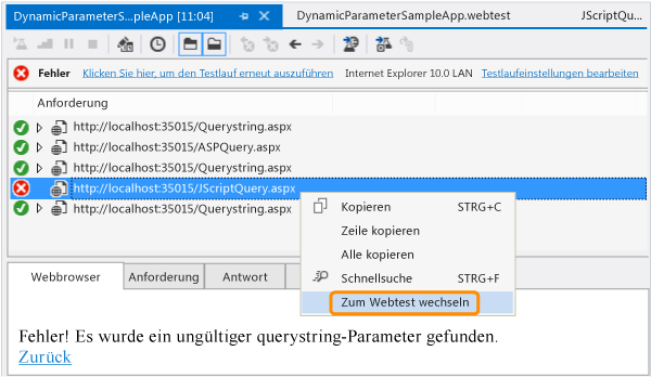 Testergebnisse mit Fehler im dynamischen Parameter