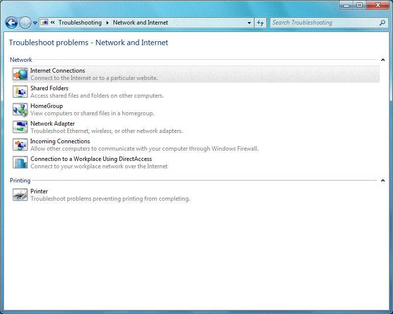 Figure 2: The Network and Internet troubleshooters