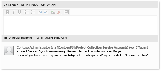Versionsgeschichte- und Project Server-Synchronisierungsmeldung