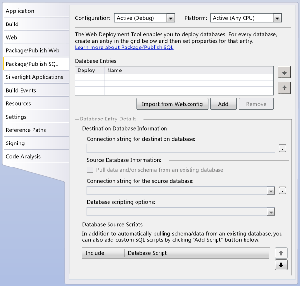 Registerkarte "Verpacken/Veröffentlichen - SQL" von Projekteigenschaften