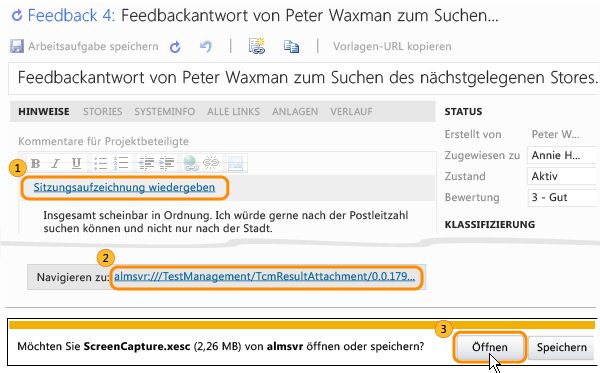 Play session recording link on Feedback Response work item form. URL link to recording. Open button on Do you want to open or save recording file dialog box.