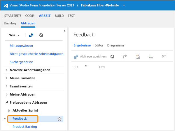 Link "Feedback" auf der Abfragenseite in Team Web Access