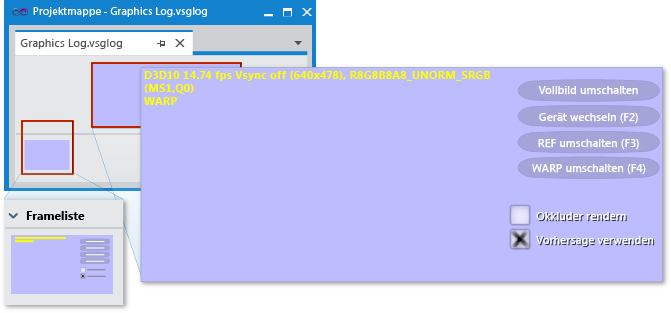 .vsglog-Registerkarte - Framepuffer-Vorschau und Frameliste