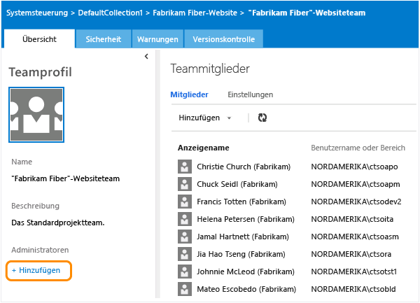 Teamverwaltungskontext öffnen