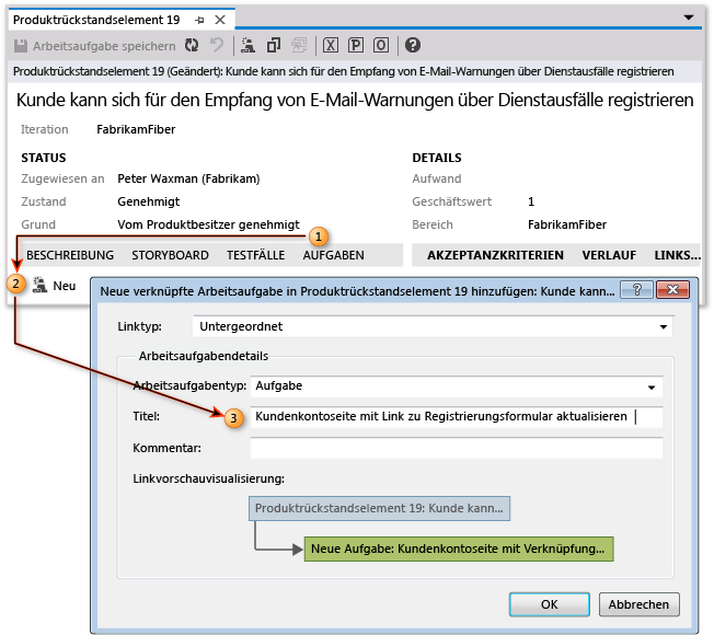 Symbol für neue verknüpfte Arbeitsaufgabe und Formular auf der Registerkarte "Aufgaben"