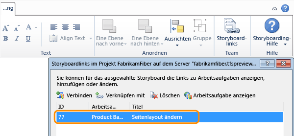 Verknüpfte Arbeitsaufgabe im Dialogfeld "Storyboardlinks"