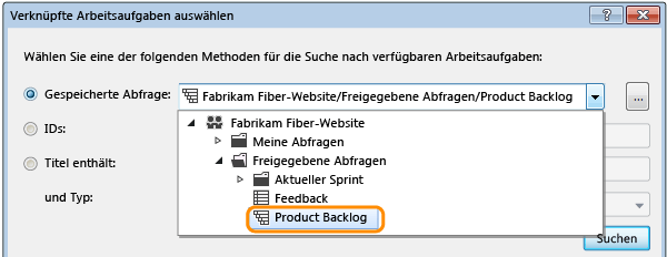 Abfrage zum Suchen nach Arbeitsaufgaben auswählen