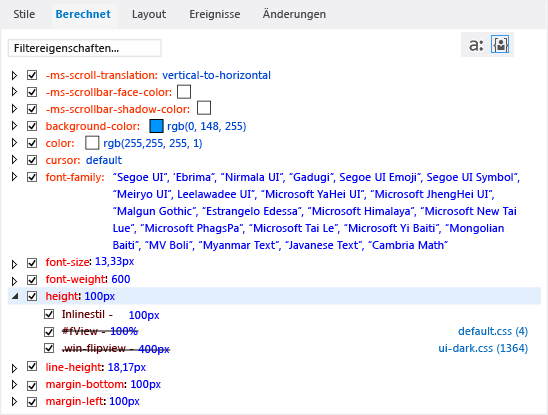 Registerkarte "Berechnet" des DOM Explorer