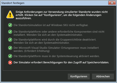 Dialogfeld für Anforderungen zur Standortfestlegung