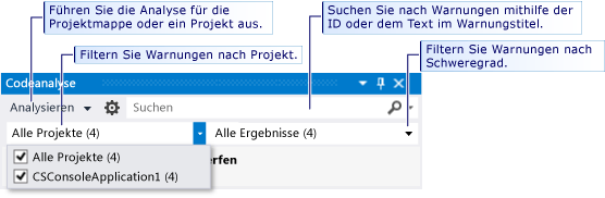 Fenster zum Suchen und Filtern der Codeanalyse