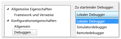 Projekteigenschaftenseite für C++ und JavaScript