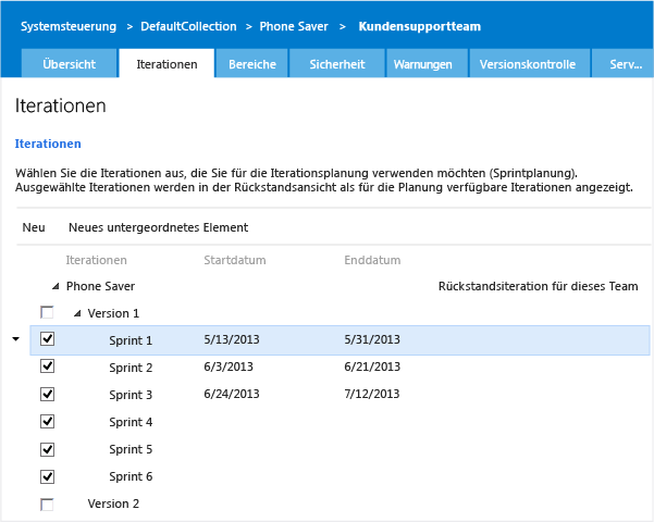 Sprints für das Agile-Team auswählen